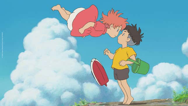 Ponyo floats in front of a boy.