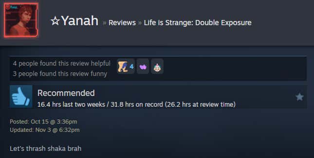 A screenshot shows a Steam review of Life is Strange: Double Exposure.