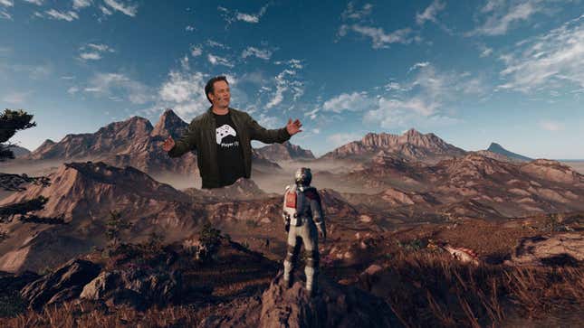 Xbox head Phil Spencer appears behind a mountain on a Starfield planet. 