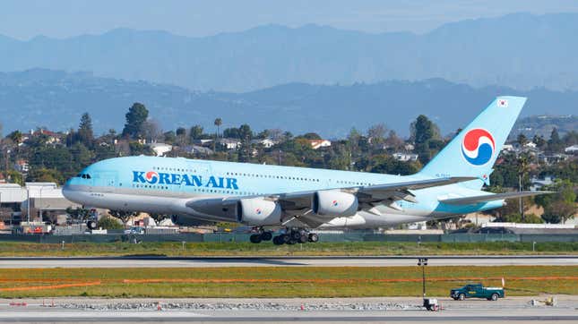 A Korean Air Airbus A380-861 lands at Los Angeles International Airport on March 16, 2024 in Los Angeles, California.