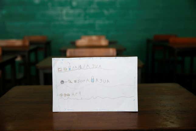 This student was lucky to have three meals: Bread and water for breakfast, soup and water for lunch, and arepa for dinner.