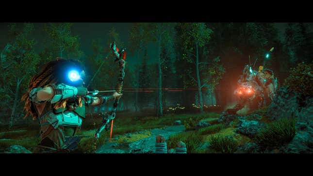 Aloy takes aim at a robotic creature.