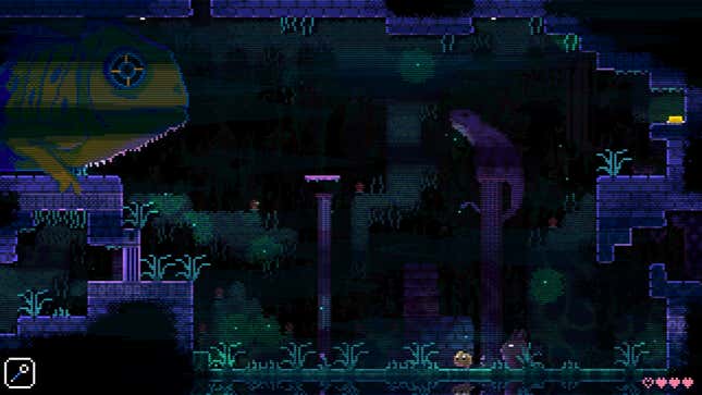 A lizard looks out over a dark cavern. 