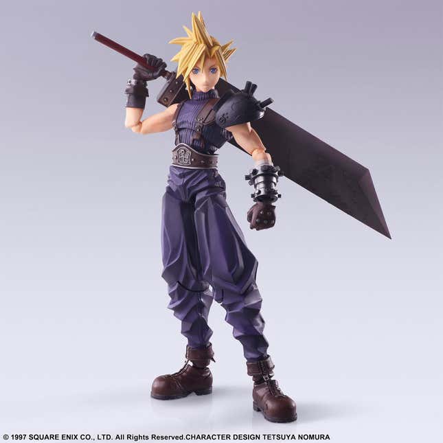 A photo shows a Final Fantasy VII character figure in action