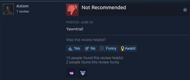 Steam review that reads "Yawntrail"