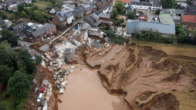 Aerial view shows an area completely destroyed by the floods in the Blessem district of Erftstadt, western Germany, on July 16.
