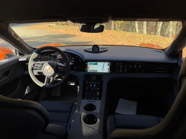 Interior of a Nordic Gold 2025 Porsche Taycan GTS sedan