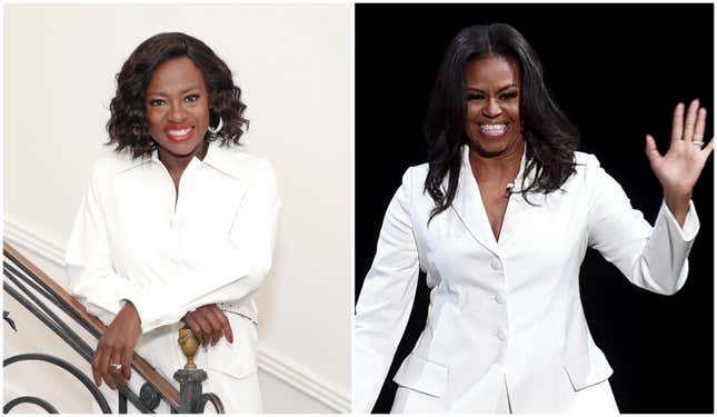 Viola Davis on March 03, 2020 in Beverly Hills, Calif.; Former First Lady and author Michelle Obama on November 15, 2018 in Inglewood, Calif.