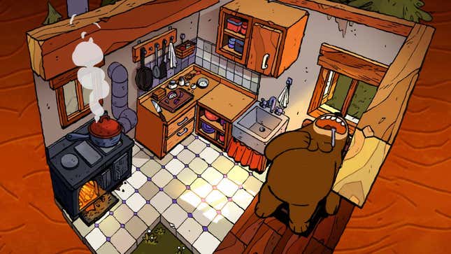 A naked bear sleeps in a kitchen.