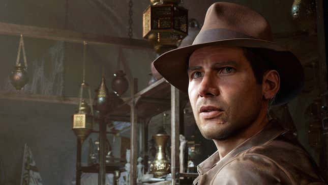 Indiana Jones looks at something off camera.