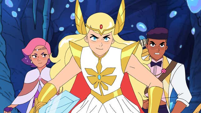 Adora, transformed into She-Ra, is flanked by her friends Glimmer and Bow in the recent 'She-Ra and the Princesses of Power' animated series.