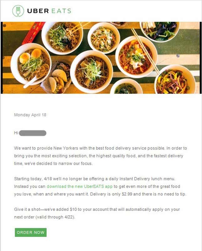 Image for article titled Uber is killing off its instant food delivery option in New York City