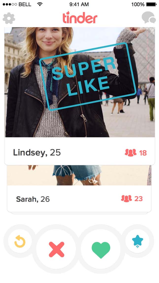 Top profile shows a swipe up to indicate “super like”; bottom profile shows a blue star, which means that user has been “super liked.”