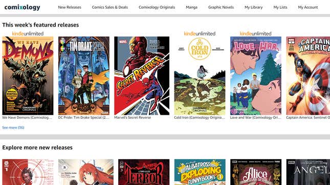 The front page of Amazon's Comixology digital webstore.
