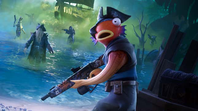 A fish person wears a pirate uniform and weilds a gun.