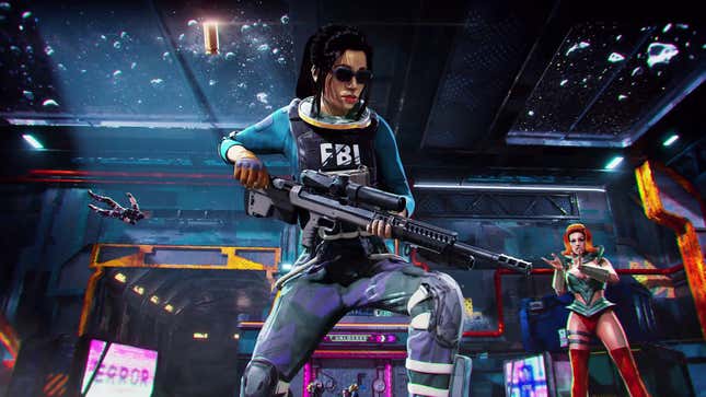 An image shows a woman in an FBI vest reloading a large sniper rifle in a space station.