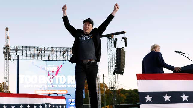 Elon Musk leaves the stage after addressing a campaign rally with Republican presidential nominee, former President Donald Trump at the Butler Farm Show fairgrounds on October 05, 2024 in Butler, Pennsylvania.