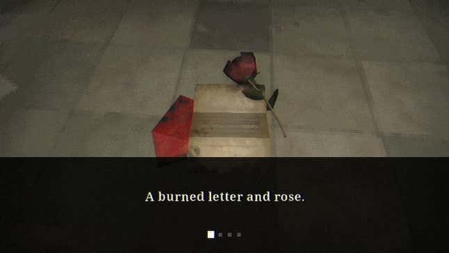 The text "A burned letter and rose" is visible below a low-poly representation of said items. 