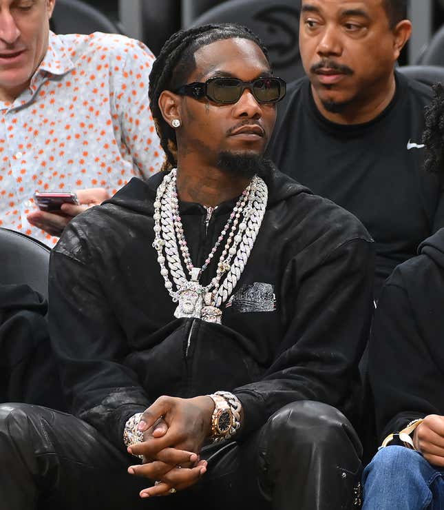 ATLANTA, GEORGIA - MARCH 03: Rapper Offset attends the game between the Portland Trail Blazers and the Atlanta Hawks at State Farm Arena on March 03, 2023 in Atlanta, Georgia.