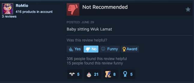 Steam review that reads "Baby sitting Wuk Lamat"