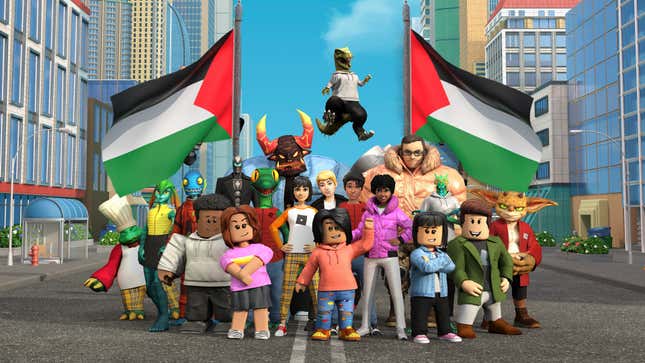 A collection of Roblox characters stand in the middle of a city street, with two Palestinian flags in the background. 