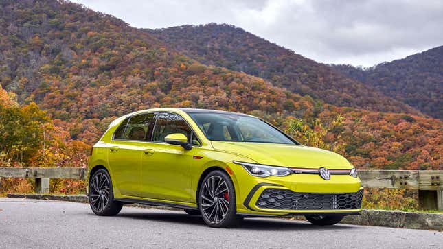 A photo of a lime green Golf GTI hatchback. 