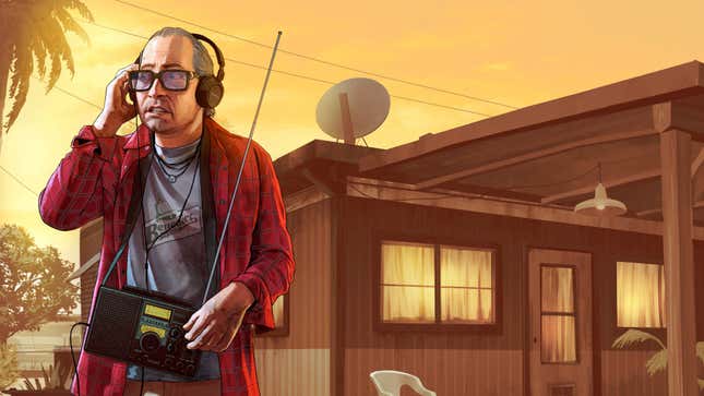 GTA V character Ron listens for something over his radio.