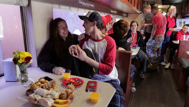Beth Walters, left, and Stephen Craig, both clowns with Ringling Bros. and Barnum Bailey Circus talk during the clowns’ final group breakfast, May 4.