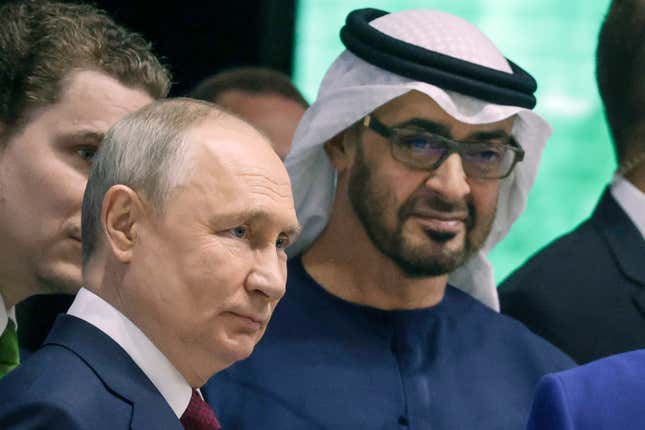 FILE - Russian President Vladimir Putin, left, and United Arab Emirates President Sheikh Mohamed bin Zayed Al-Nahyan visit an exhibition of the United Arab Emirates on the sideline of the St. Petersburg International Economic Forum in St. Petersburg, Russia, June 16, 2023. The United States on Thursday imposed a new round of sanctions on roughly 130 firms and people from Turkey to China to the United Arab Emirates in an effort to choke off Moscow&#39;s access to tools and equipment that support its invasion of Ukraine. (Vyacheslav Prokofyev, Sputnik, Kremlin Pool Photo via AP, File)