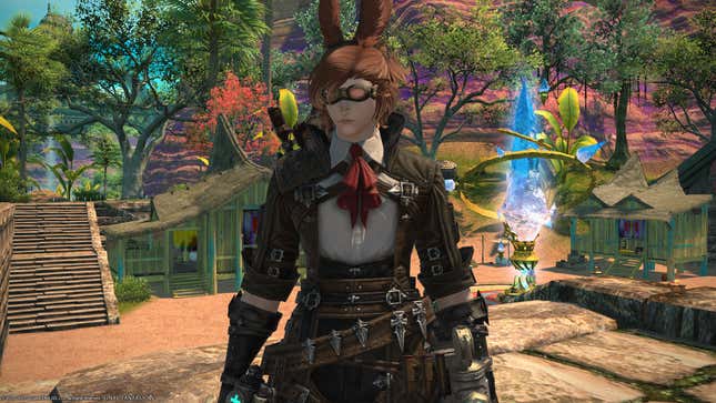 A male viera FFXIV character standing in a village in Endwalker's colorful new Thavnair area. 