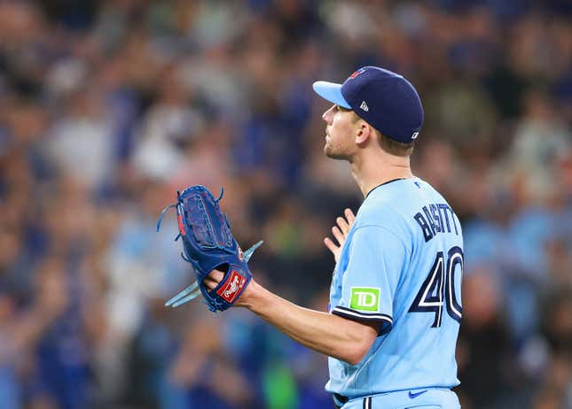 TORONTO, ON - SEPTEMBER 28:  Chris Bassitt #40 of the Toronto Blue Jays reacts as he leaves the field in the eighth inning against the New York Yankees at Rogers Centre on September 28, 2023 in Toronto, Ontario, Canada.  (Photo by Vaughn Ridley/Getty Images)