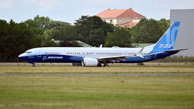 A Boeing 737-10 Max prepares to take off at the 54th International Paris Air Show at Le Bourget Airport, north of Paris, France on June 21, 2023.