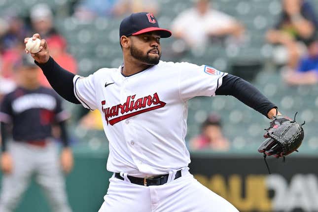 Sep 6, 2023; Cleveland, Ohio, USA; Cleveland Guardians pitcher Reynaldo Lopez throws a pitch during the seventh inning against the Minnesota Twins at Progressive Field.