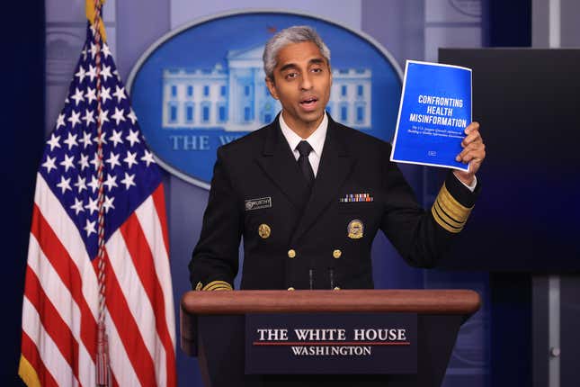 U.S. Surgeon General Vivek Murthy talks to reporters during the daily news conference in the Brady Press Briefing Room at the White House.