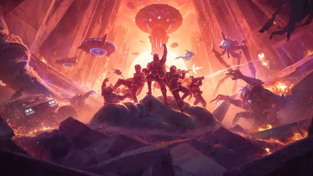 Helldivers stand atop the wreckage of an earth city.