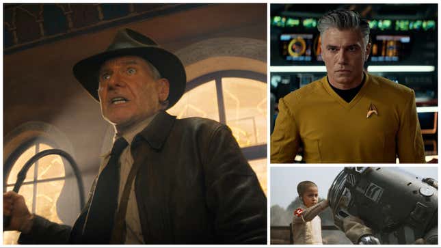 Clockwise from left: Indiana Jones and the Dial of Destiny (Walt Disney Studios), Star Trek: Strange New Worlds (Paramount+), The Creator (20th Century Studios)
