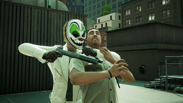 A Payday 3 heister uses a civilian as a shield.