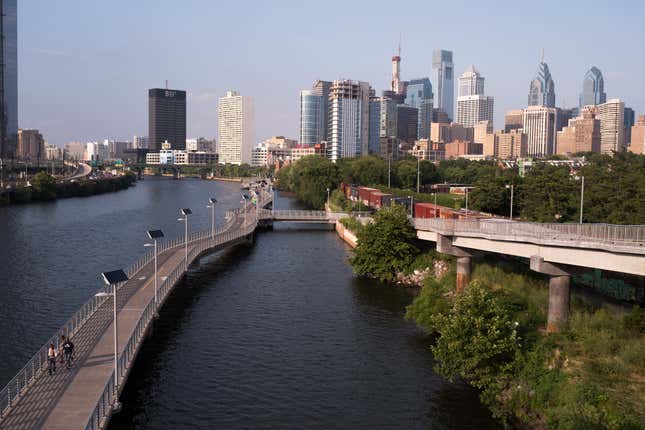 A view of downtown Philadelphia, overlooking the Schuylkill River and Schuylkill Banks Boardwalk