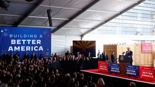 U.S. President Joe Biden delivers his remarks during a visit to TSMC AZ's first Fab (Semiconductor Fabrication Plant) in P1A (Phase 1A), in Phoenix, Arizona, U.S. December 6, 2022.