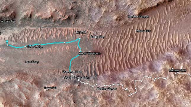 A map of an ancient river channel on Mars that shows Perseverance’s path between January 21 and June 11.