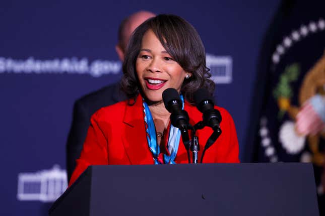 DOVER, DELAWARE - OCTOBER 21: Rep. Lisa Blunt Rochester (D-DE) speaks before U.S. President Joe Biden’s remarks on student debt relief at Delaware State University on October 21, 2022 in Dover, Delaware. Yesterday a federal judge ruled that six states trying to block President’s student loan forgiveness program lacked standing.