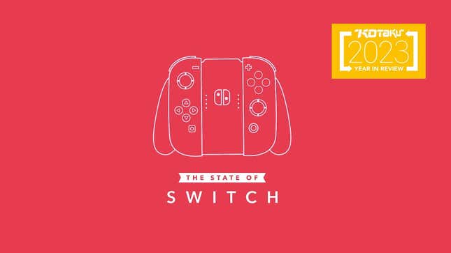 A Switch controller appears on a pink background. 