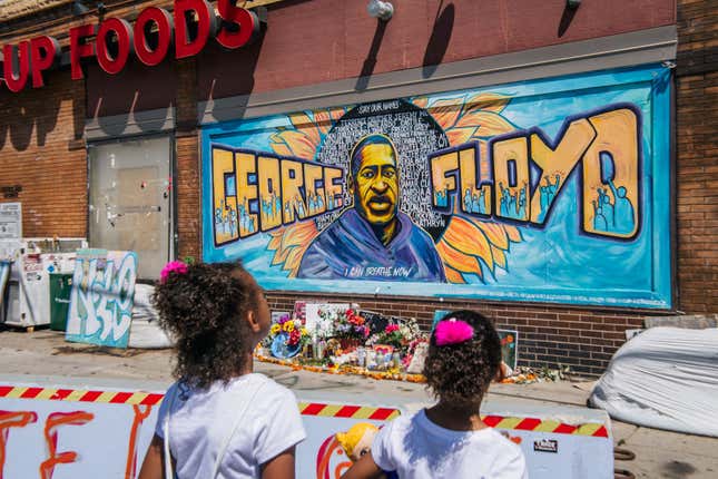 Jordan and Royal Pacheco learn of George Floyd’s murder at 38th Street and Chicago Avenue intersection, ahead of former Minneapolis police officer Derek Chauvin’s sentencing, on June 25, 2021, in Minneapolis, Minnesota. Chauvin is sentenced today on charges of second-degree unintentional murder, third-degree murder, and second-degree manslaughter for the murder of George Floyd on May 25, 2020.