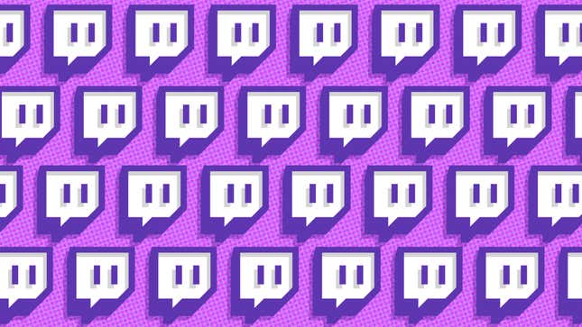 A repeating pattern of Twitch logos on a purple background.