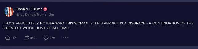 Image for article titled Trump’s Truth Social Posts Cost Him $3 Million in E Jean Carroll Trial