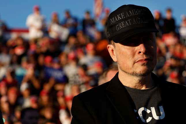 Elon Musk wears a black “Make America Great Again” ball cap while attending a campaign rally with Republican presidential nominee, former President Donald Trump at the Butler Farm Show fairgrounds on October 05, 2024 in Butler, Pennsylvania. This is the first time that Trump has returned to Butler since he was injured during an attempted assassination on July 13. 