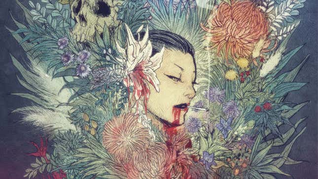 A woman, nestled in a beautiful bouquet and next to a skull, smokes while blood drips down her mouth.