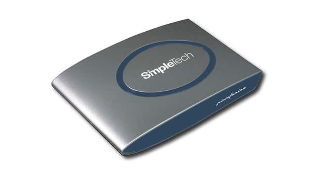 A silver and blue SimpleTech hard drive