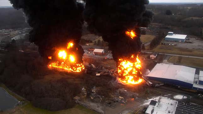 A frame grab from drone video taken by the Columbiana County Commissioner’s Office and released by the NTSB shows towering flames and columns of smoke resulting from a &quot;vent and burn&quot; operation following the train derailment in East Palestine, Ohio, on Feb. 6, 2023. Residents of eastern Ohio can now get an up-close view in newly released videos of the twin toxic towers of fire that forced them from their homes last February when officials decided to blow open five tank cars filled with vinyl chloride they worried might explode days after a Norfolk Southern train derailed. (Columbiana County Commissioner’s Office/NTSB via AP)