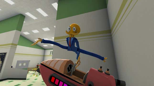 Octodad doing a handstand on a spaceship ride in Octodad: Dadliest Catch